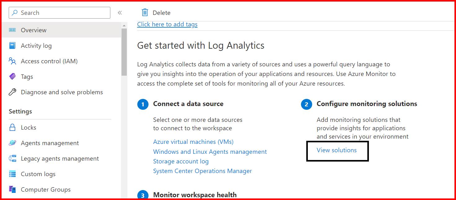 Picture showing the view solutions link for the list of monitoring solutions in log analytics workspace